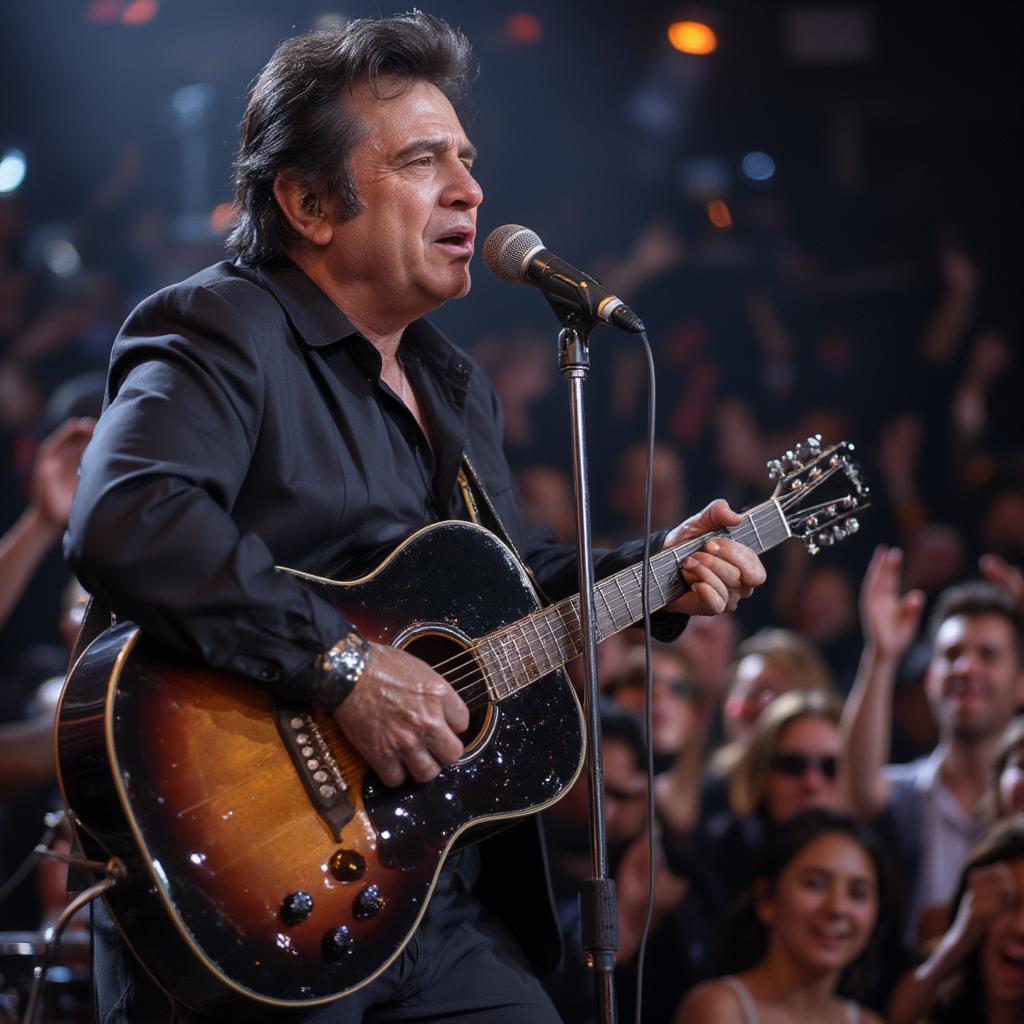 Johnny Cash on stage during a live performance.