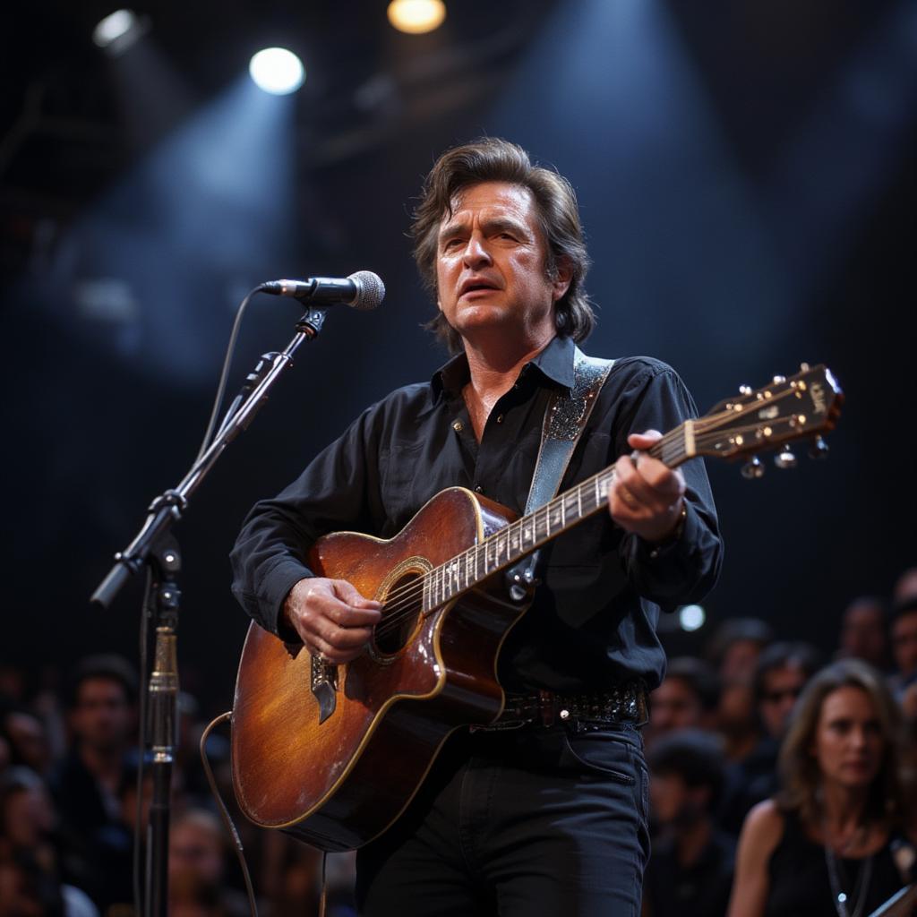 Johnny Cash Energetically Performing on Stage in 1969