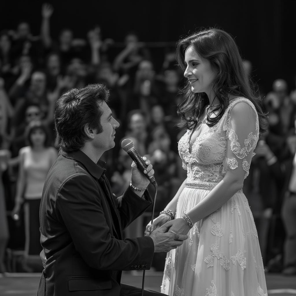 Johnny Cash proposing to June Carter on stage during a live performance