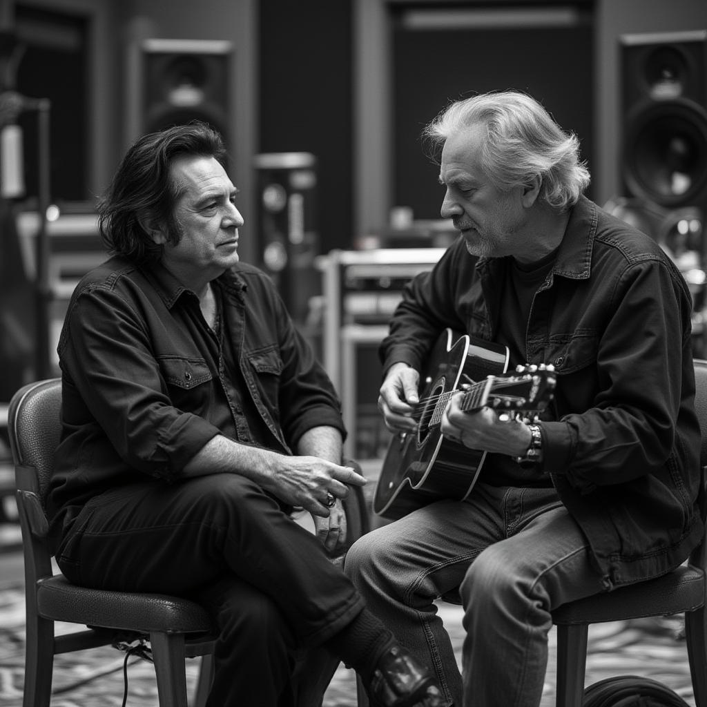 Johnny Cash and Rick Rubin in the studio during American Recordings sessions