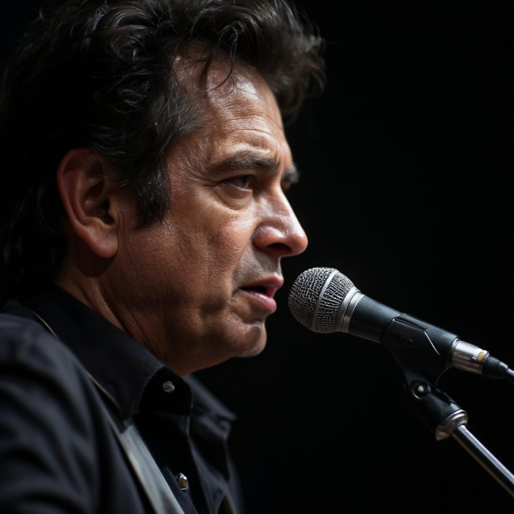 Johnny cash singing into microphone close up, with focused emotion showing on his face