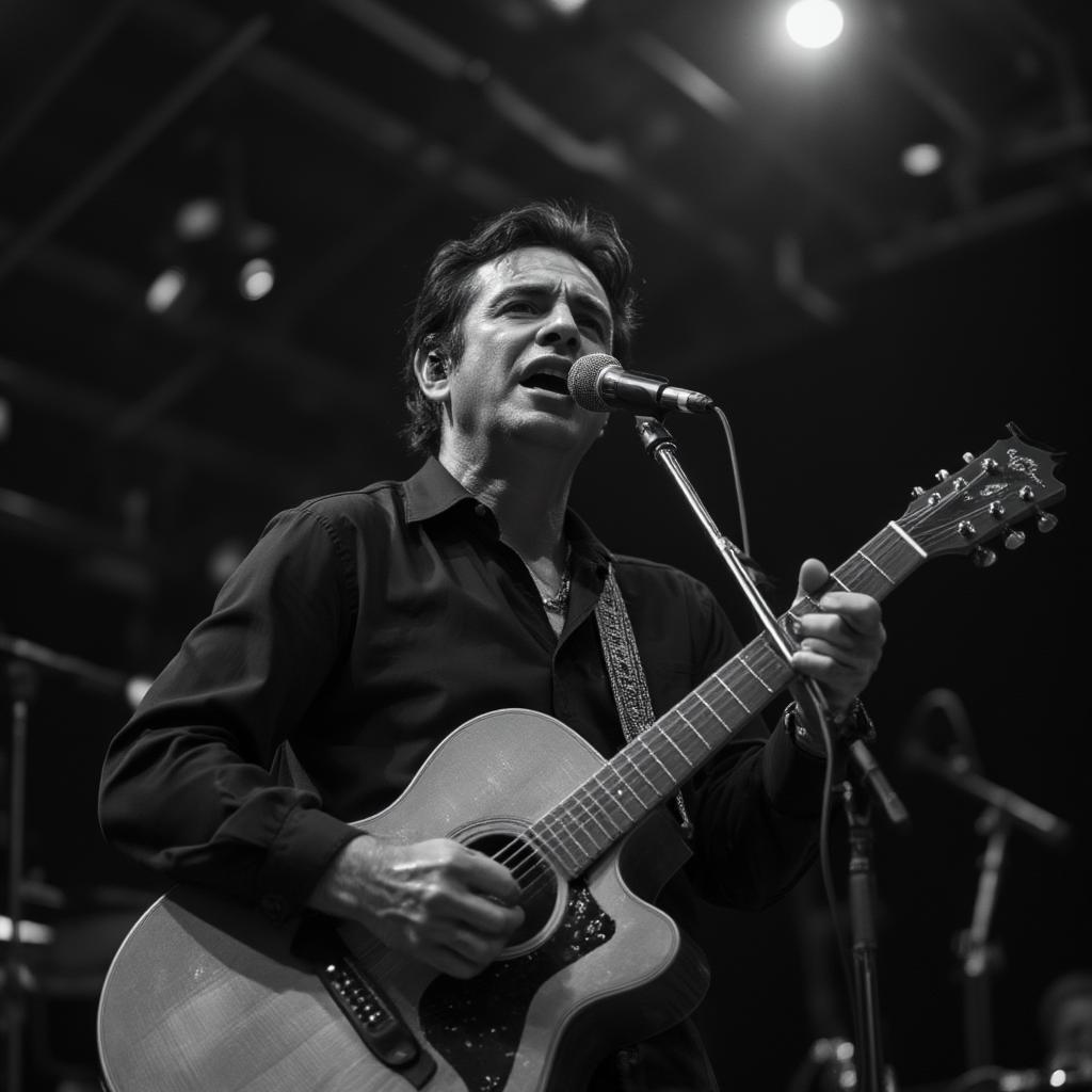 Johnny Cash singing on stage with his guitar