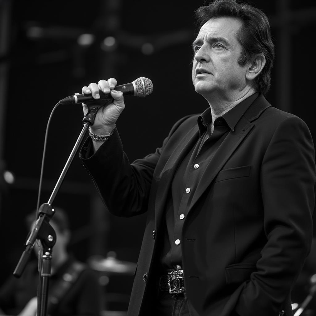 Johnny Cash's commanding stage presence captured in a black and white photo.