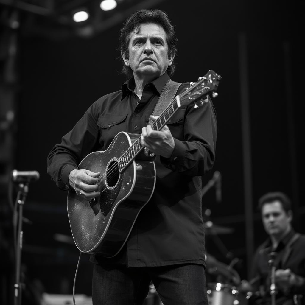 Johnny Cash standing with guitar singing about the line he walks and folsom prison