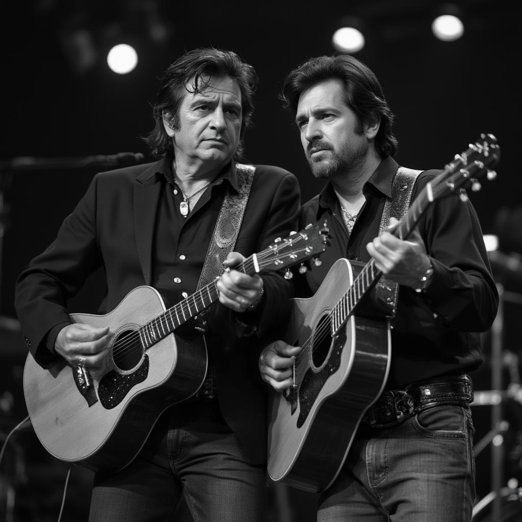 Johnny Cash and Waylon Jennings performing together with guitars