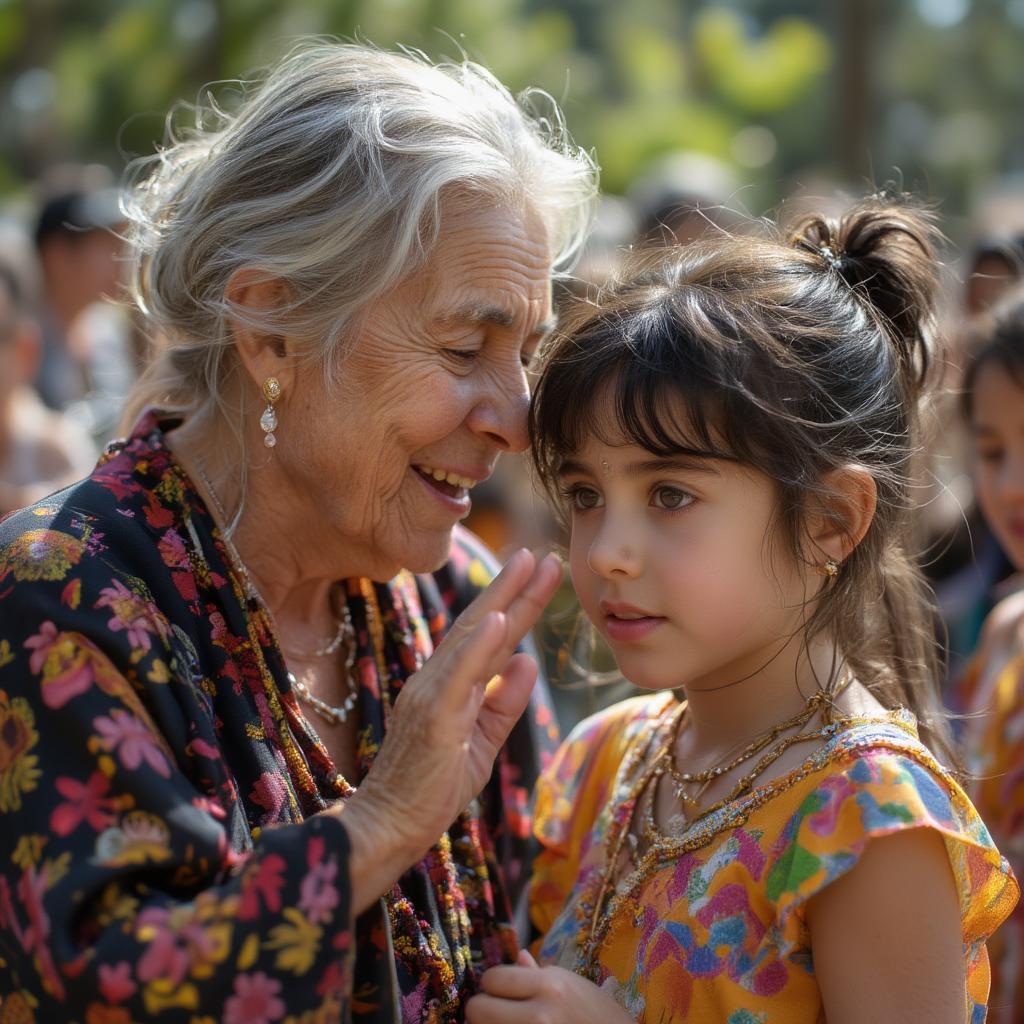 elderly person blessing a child with jug jug jiyo