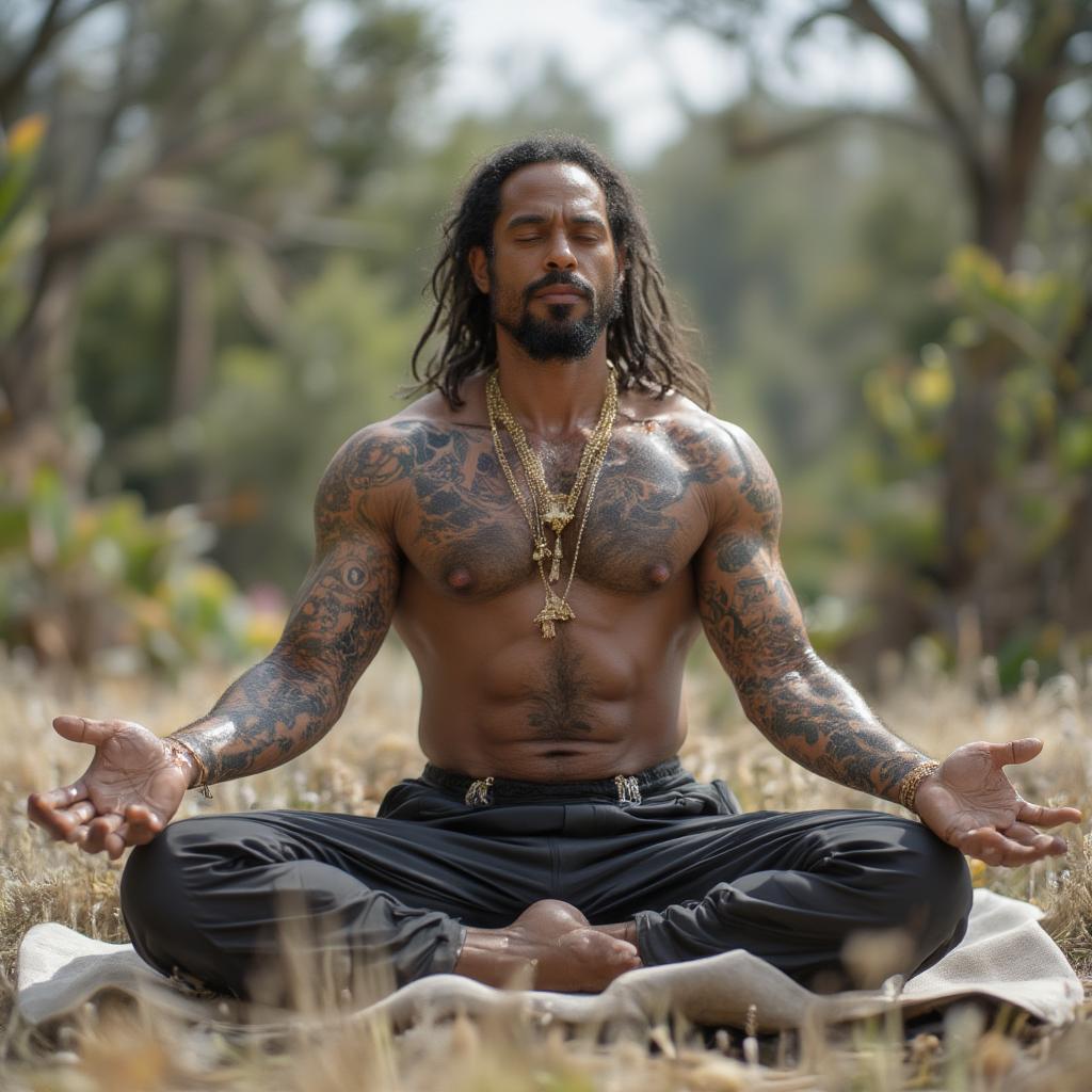 Lenny Kravitz doing yoga in serene setting