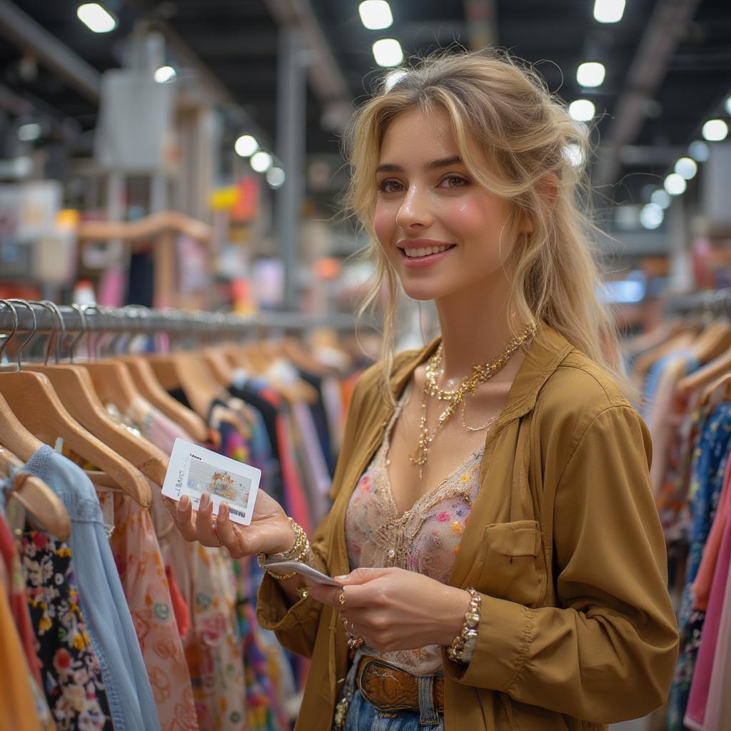 Woman happily choosing clothes in a boutique using a gift card