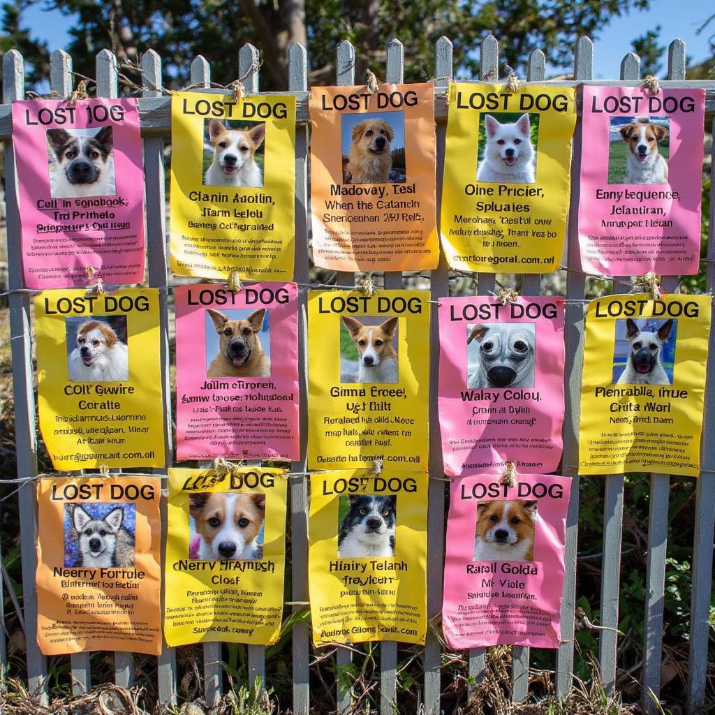 Lost dog search posters scattered across neighborhood