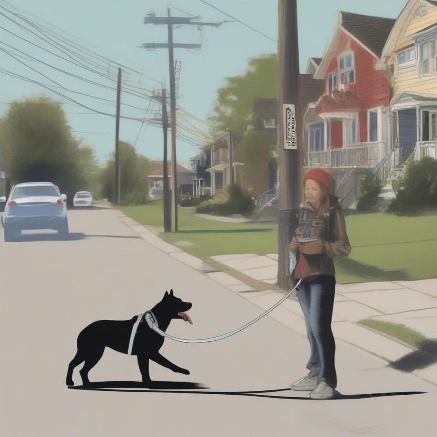 Lost Dog Searching Neighborhood: A worried owner searches for their beloved canine companion, highlighting the importance of microchipping and immediate action when a pet goes missing.