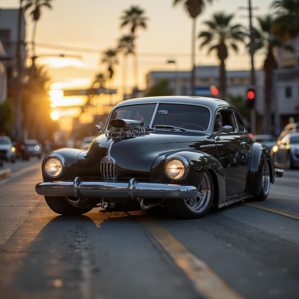 Lowrider Classic Car Cruising At Sunset