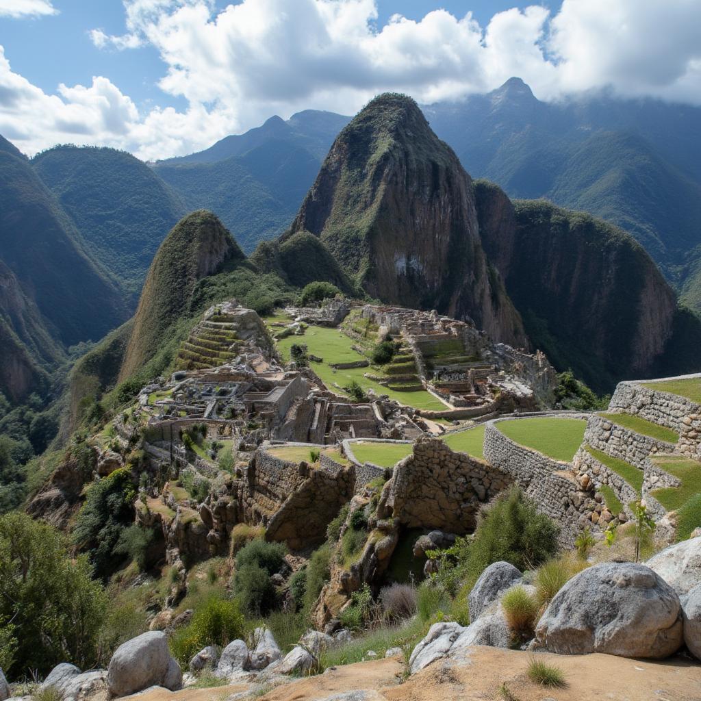 Machu Picchu nestled in the Andes Mountains with its iconic terraces