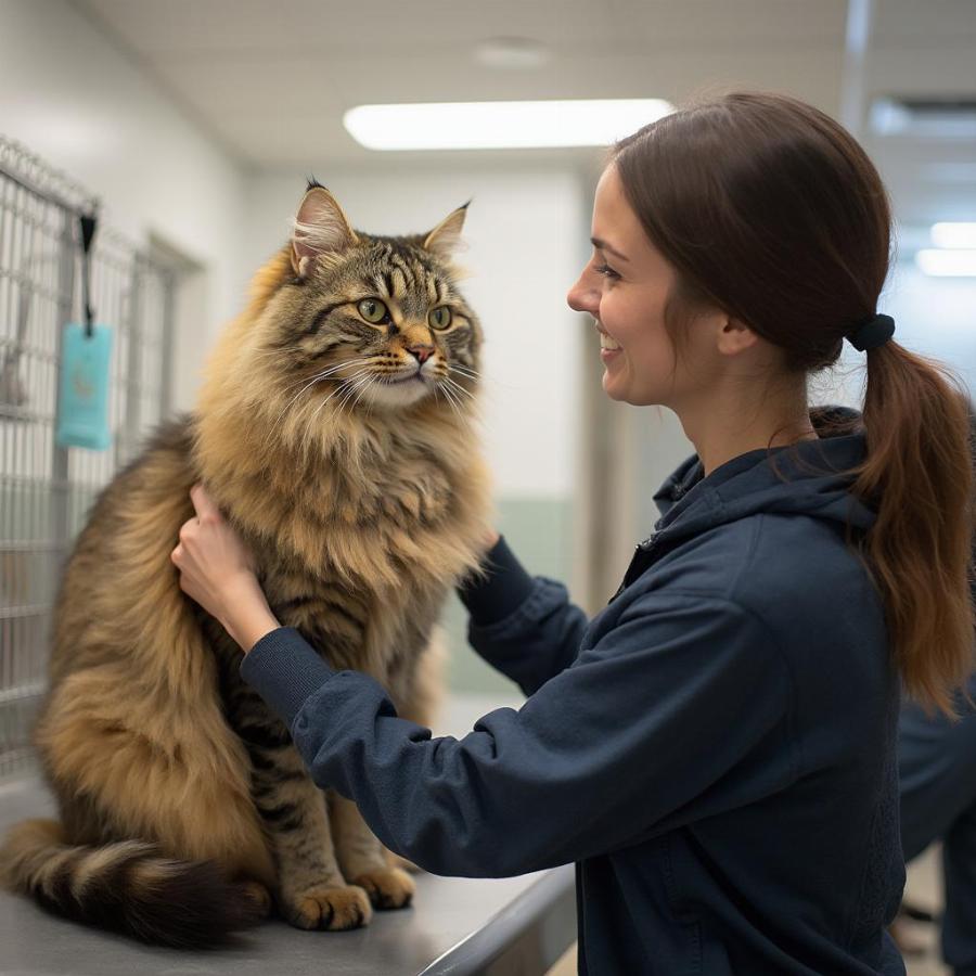 A volunteer gently grooming a Maine Coon cat at an animal shelter, emphasizing the importance of care and comfort.