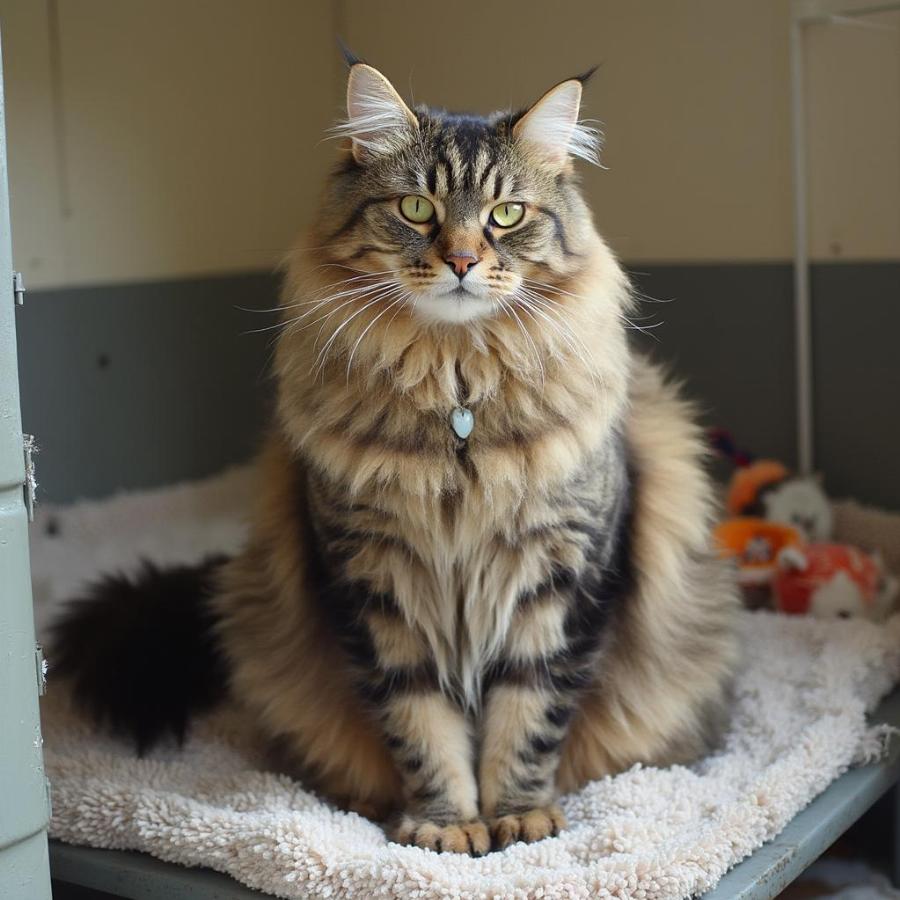 A Maine Coon cat patiently waiting for adoption at an animal shelter, showcasing its beautiful fur and gentle eyes.