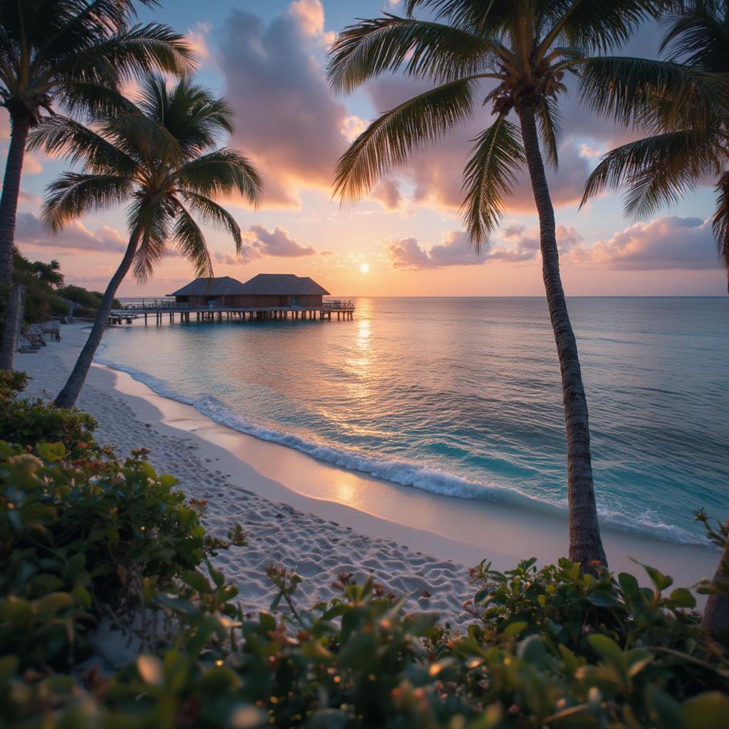 Maldives Beach Paradise at Sunset with Turquoise Water and Overwater Bungalows