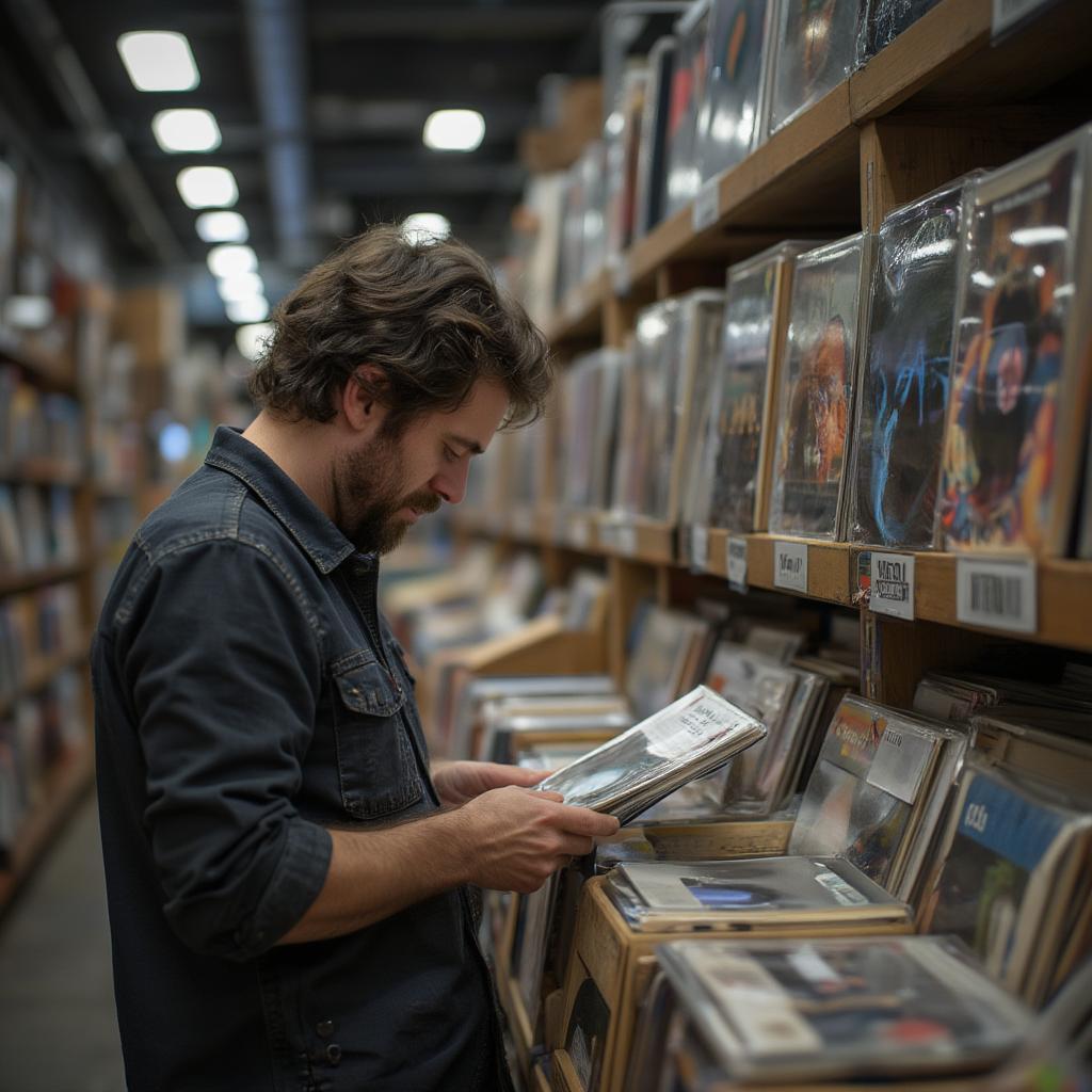 Man Browsing Vinyl Records in a Record Store