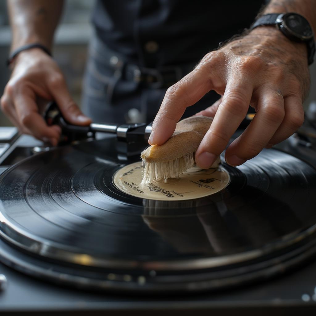 Close-up of a man cleaning a vinyl record