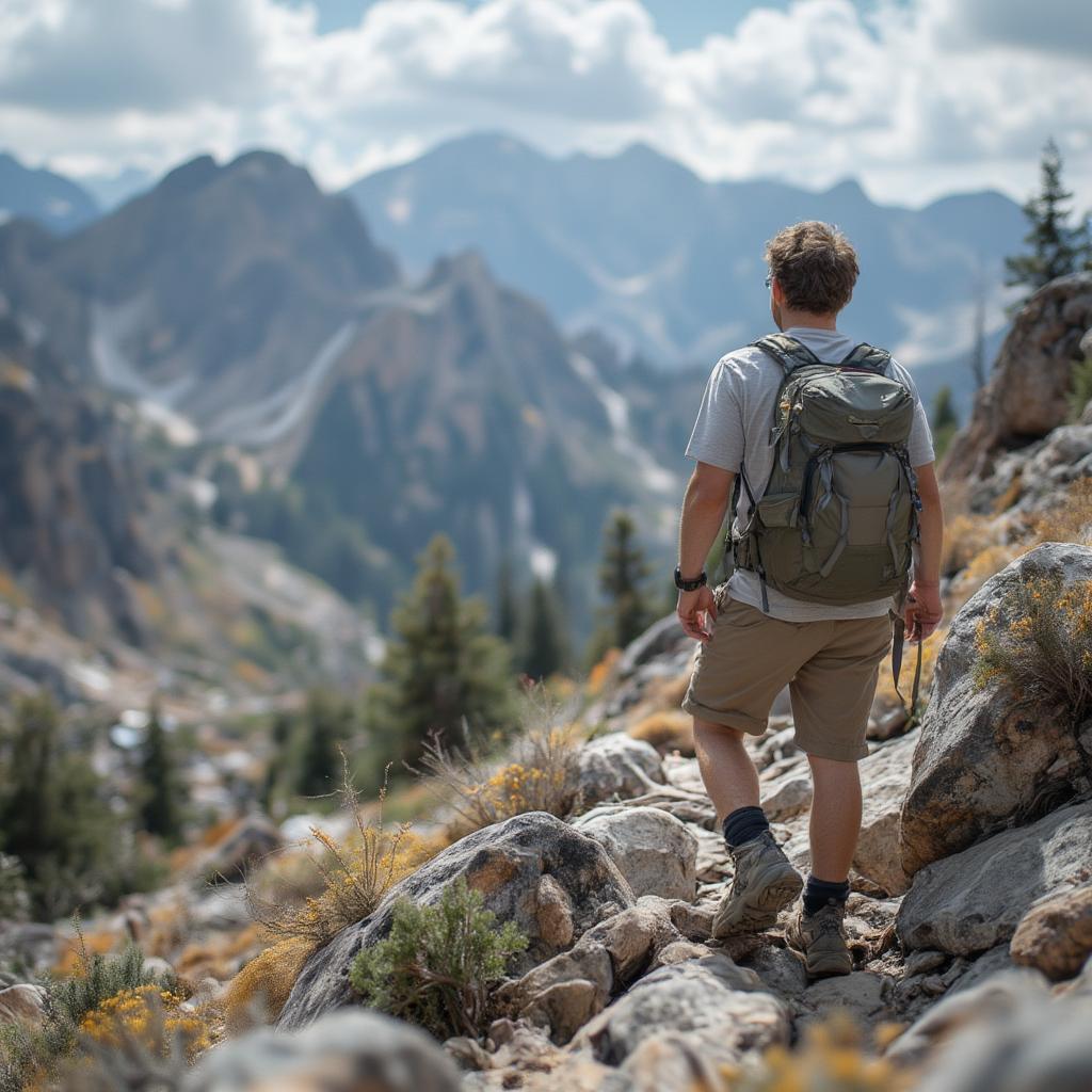 man hiking mountain travel adventure bj's