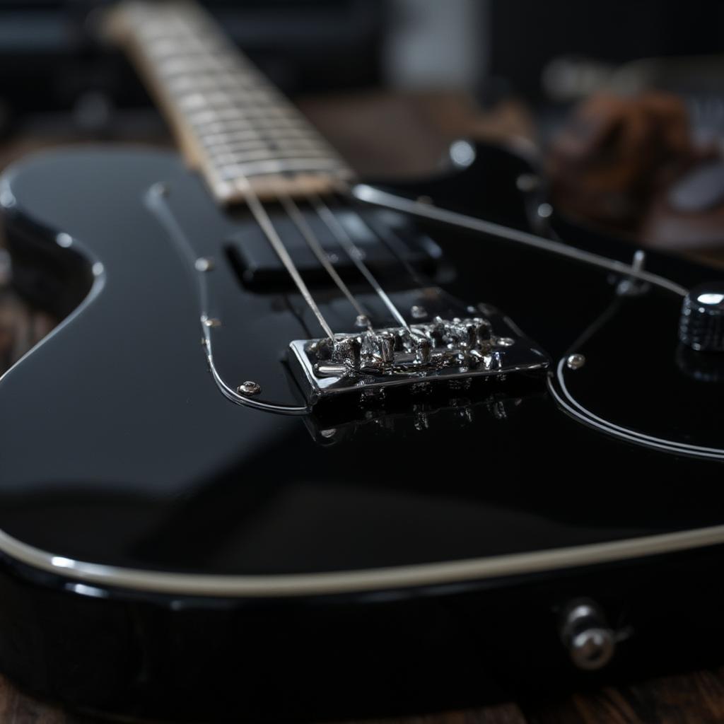 A close-up of a black Telecaster guitar similar to Johnny Cash's