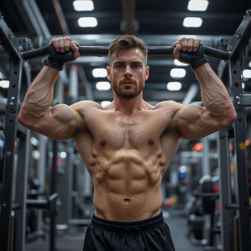 Man Performing Pull-ups in a Well-Equipped Gym