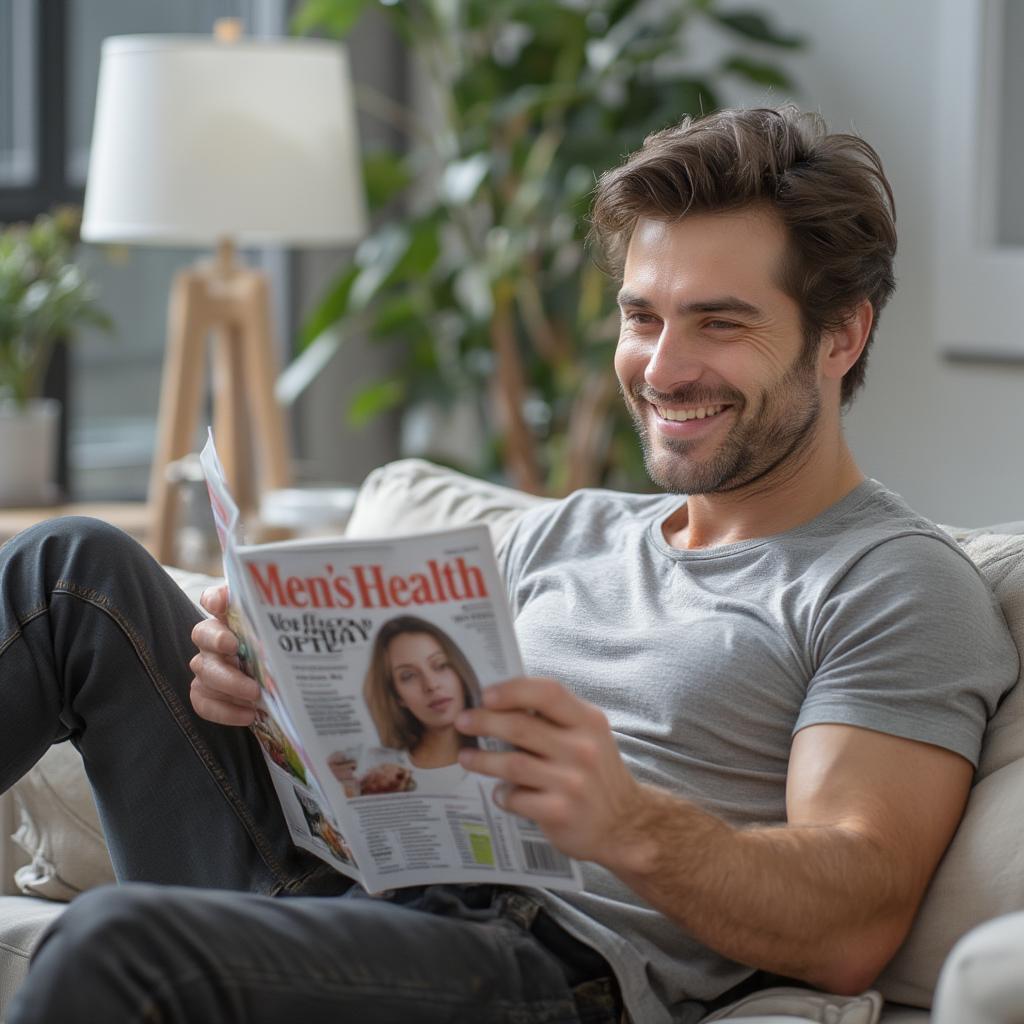 man smiling reading men's health magazine at home