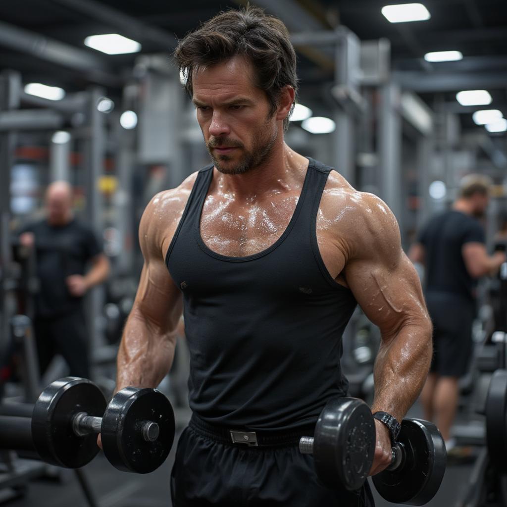 Mark Wahlberg training in the gym with weights and equipment