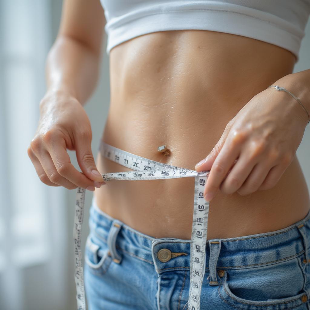 person measuring waist with measuring tape