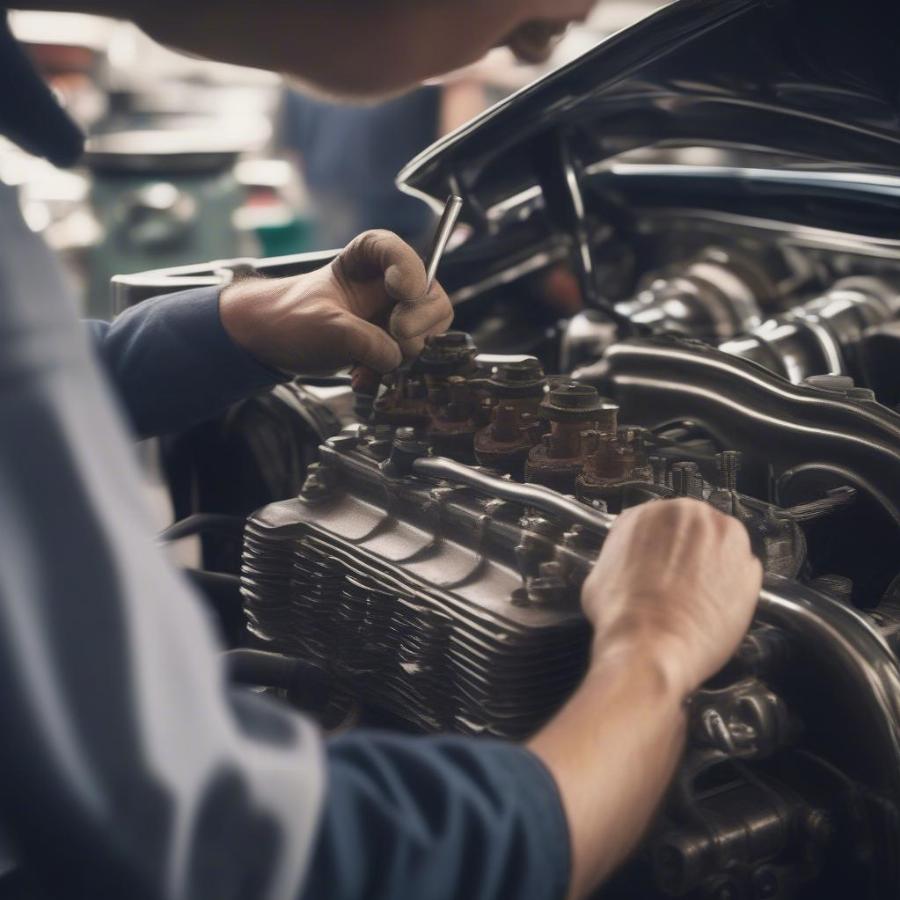 Mechanic Inspecting Vintage Race Car Engine