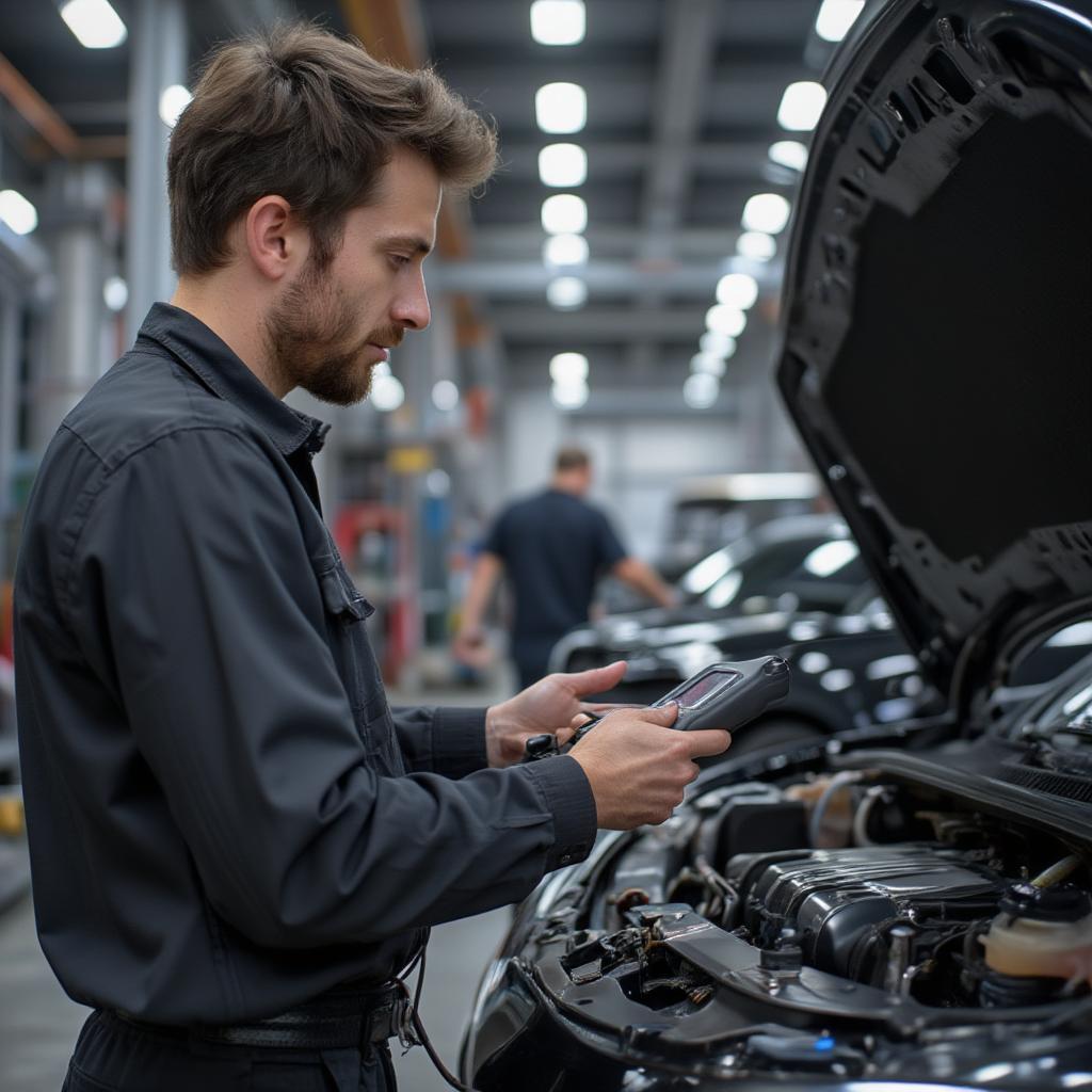 mechanic using scan tool on vehicle