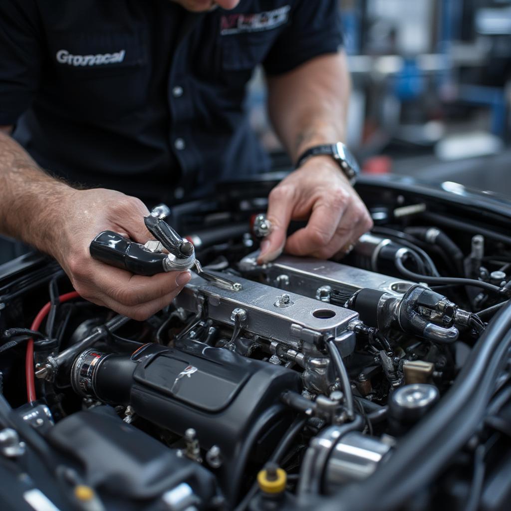 Mechanic meticulously working on a high-performance Asian supercar engine