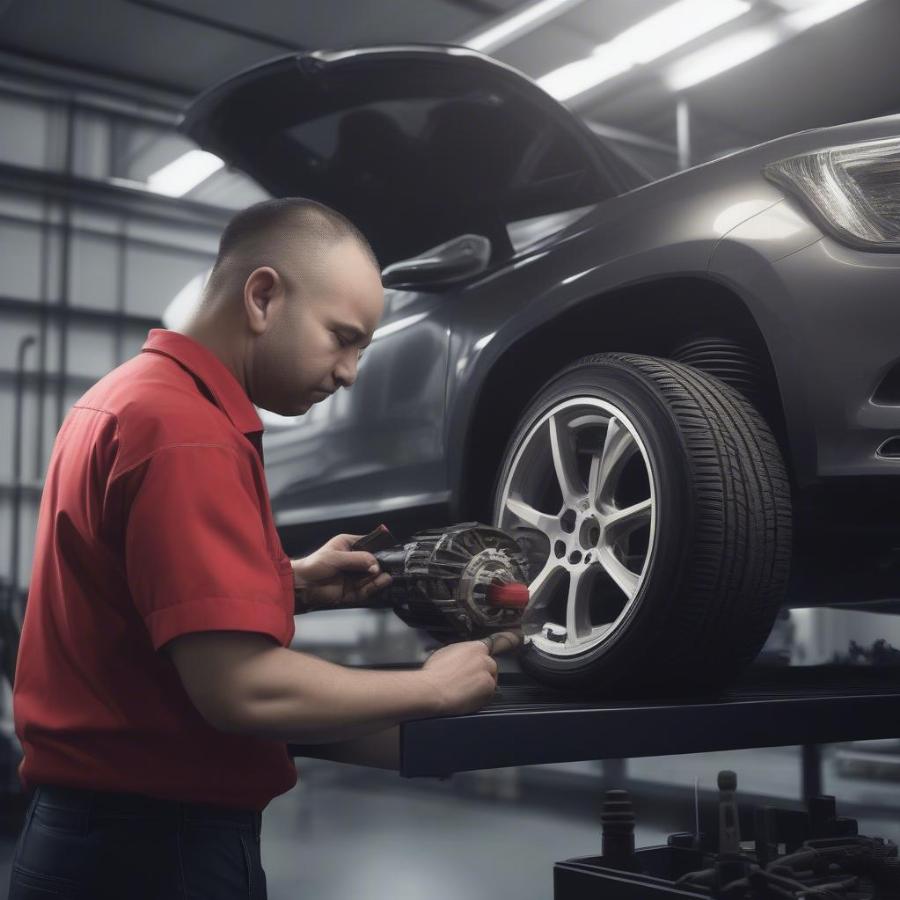 Mechanic inspecting a car's suspension system in a workshop