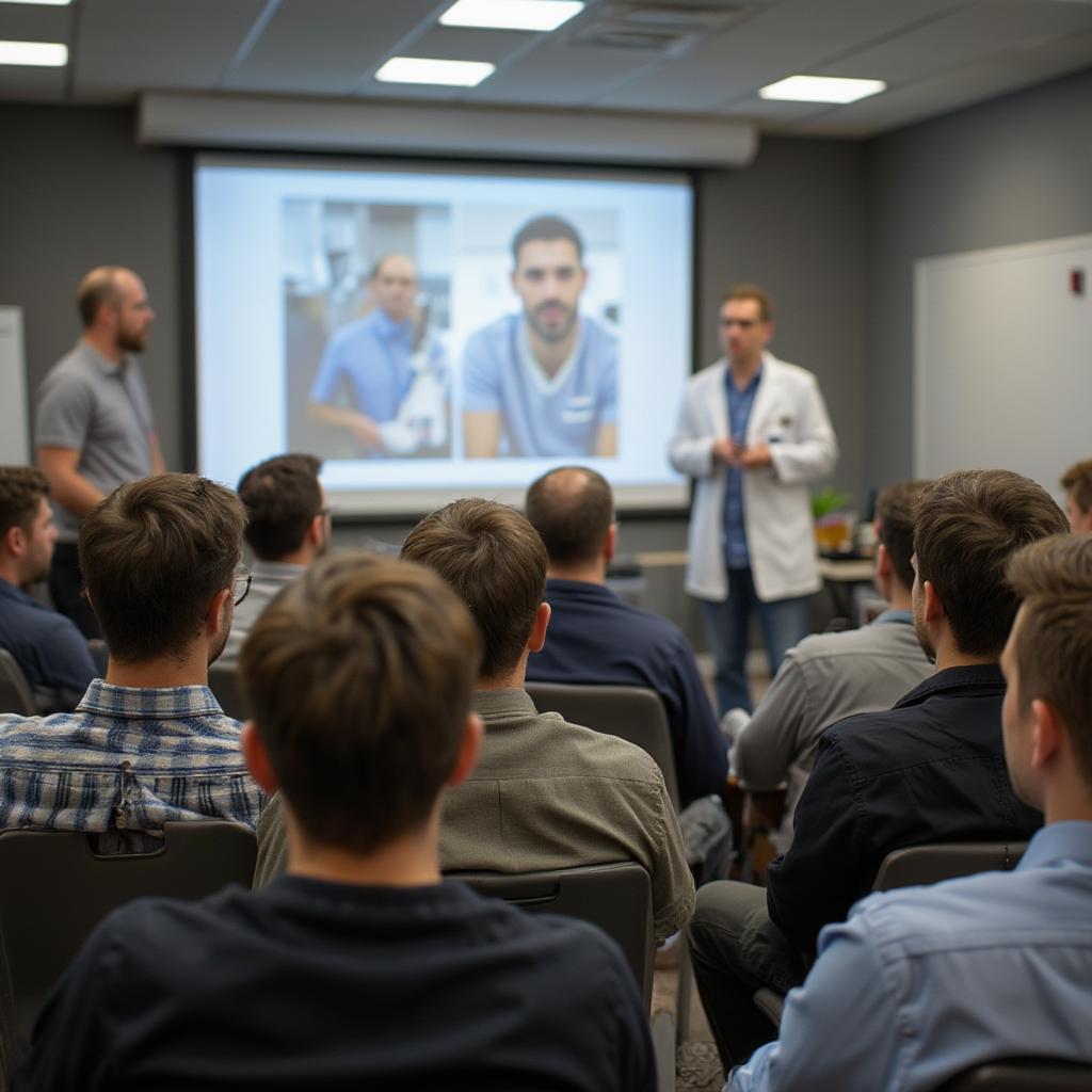 A group of men attending a health workshop with a doctor or health professional