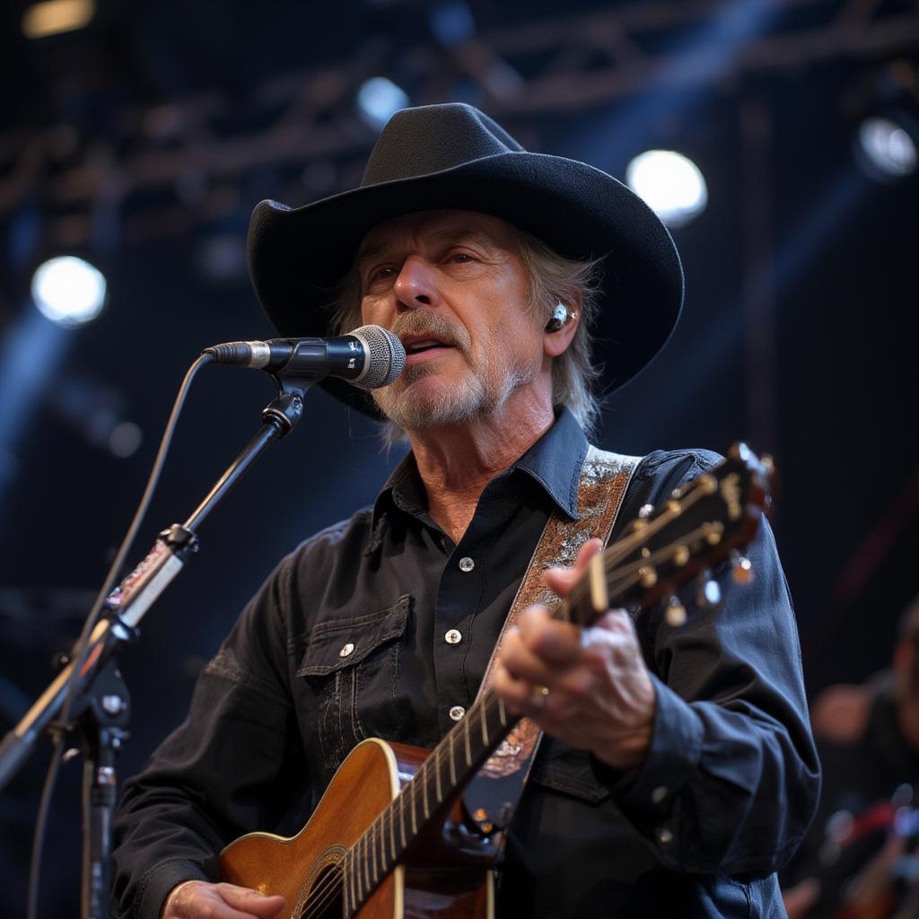 Merle Haggard performing with guitar in concert