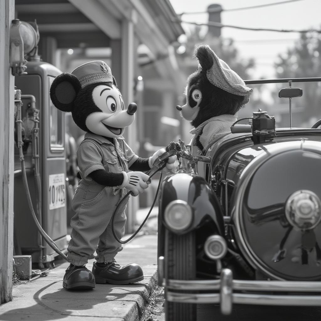 Mickey Mouse as a Gas Station Attendant with a Vintage Car