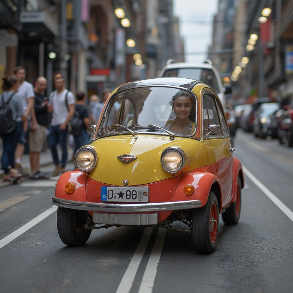 Bubble-Top Microcar Navigating a Busy City Street