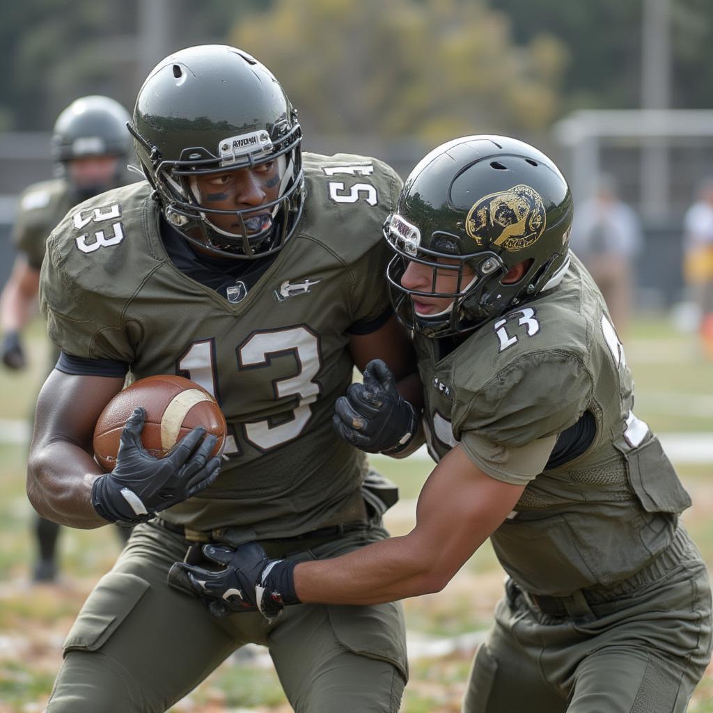 Military Soccer Players in Action: Two military football players compete intensely for the ball during a match.