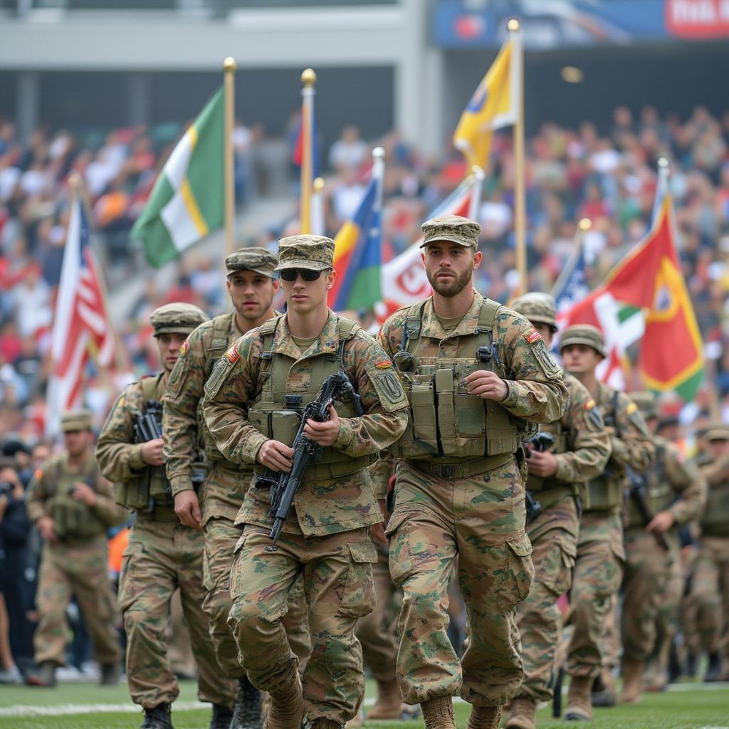 Military Soccer World Cup Opening Ceremony: Soldiers from various nations participate in the opening ceremony of the Military Soccer World Cup.