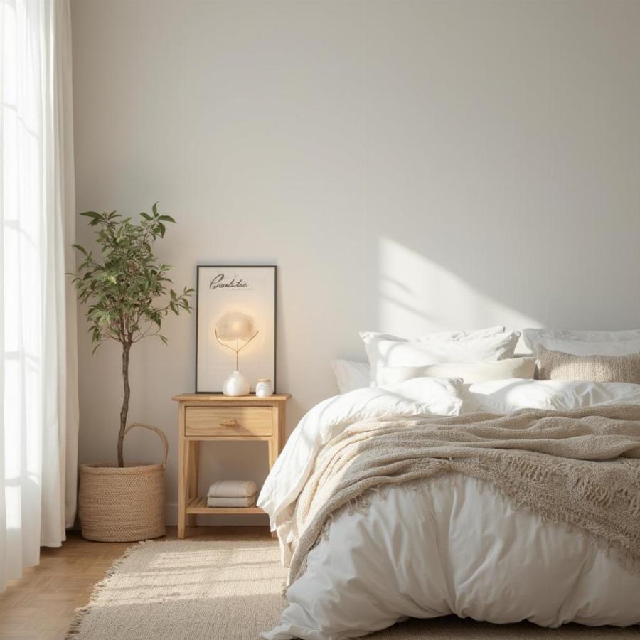 Minimalist Bedroom with Natural Materials and Soft Lighting