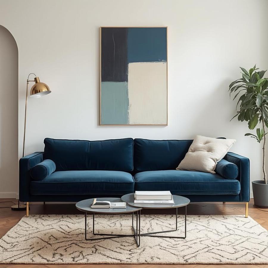 Modern Living Room with Velvet Sofa and Woven Rug