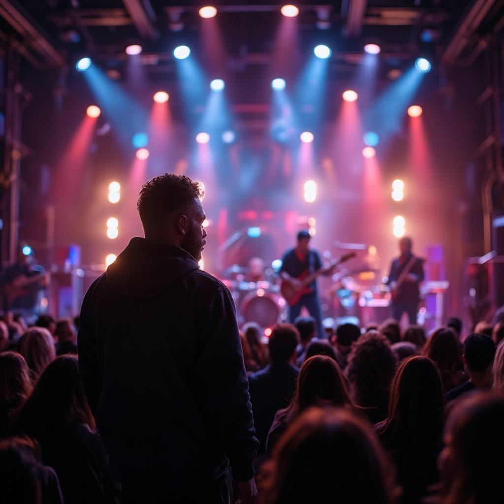 Modern R&B concert stage with singer silhouette