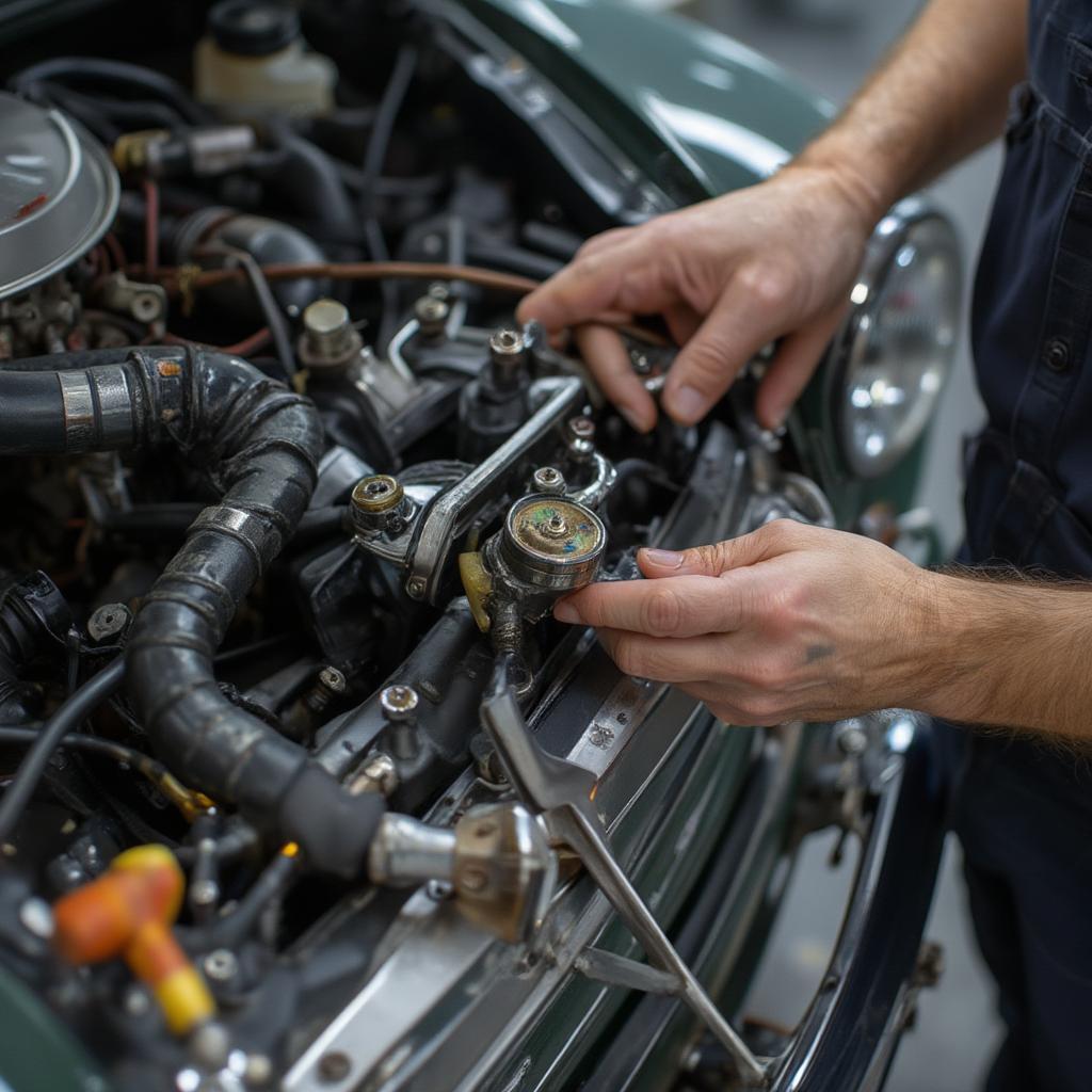 Mechanic Inspecting a Morris Mini Van Engine