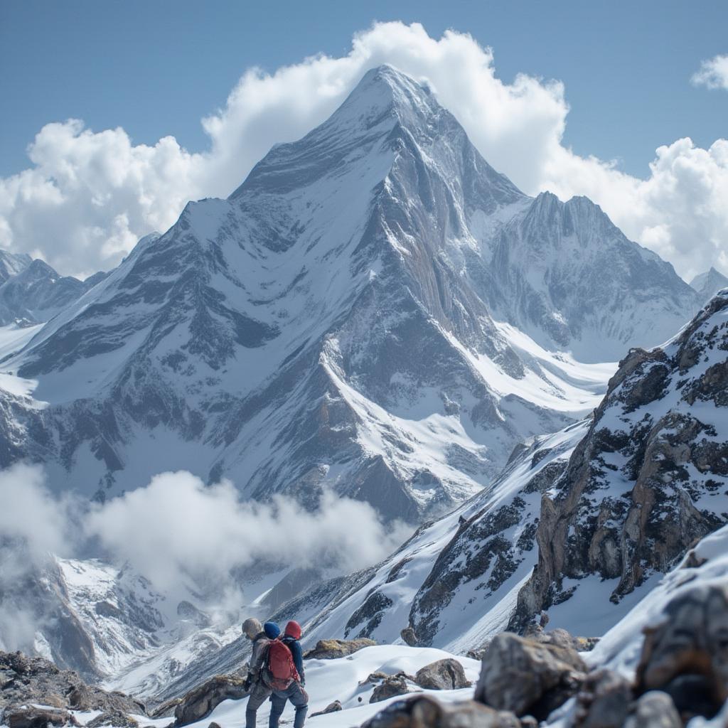 Mount Everest's snow-capped peak piercing the sky, a testament to nature's grandeur