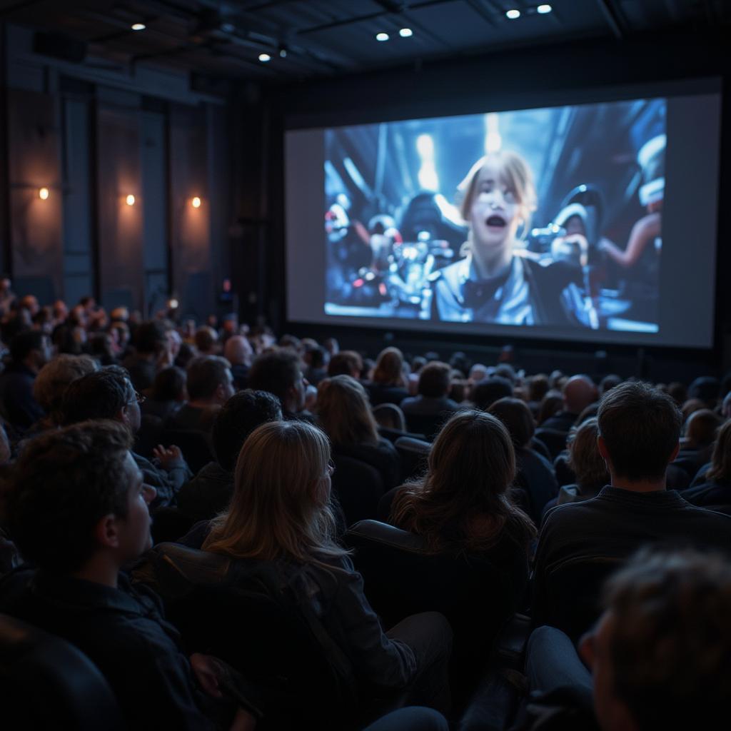 A Packed Movie Theater Audience Watching a Film on the Big Screen