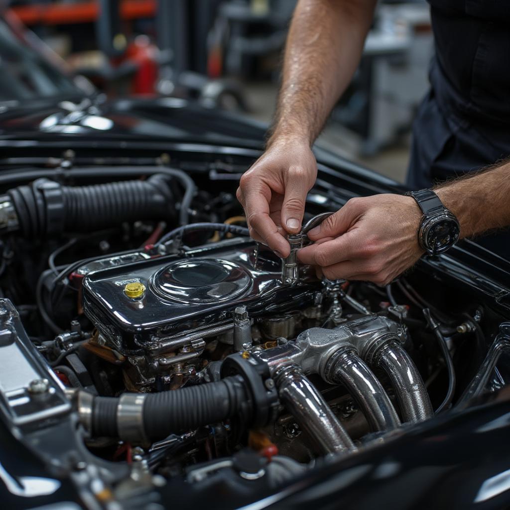 Inspecting the Engine Bay of a Classic Muscle Car