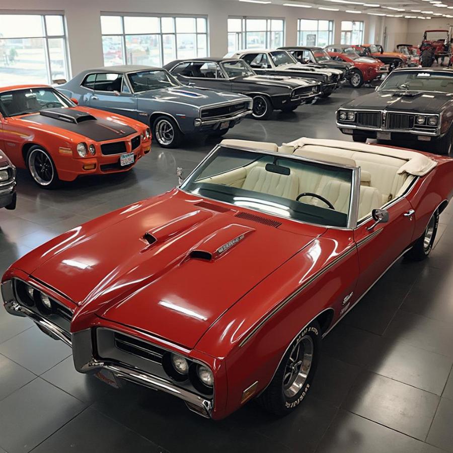 Classic Muscle Cars on Display in a Showroom