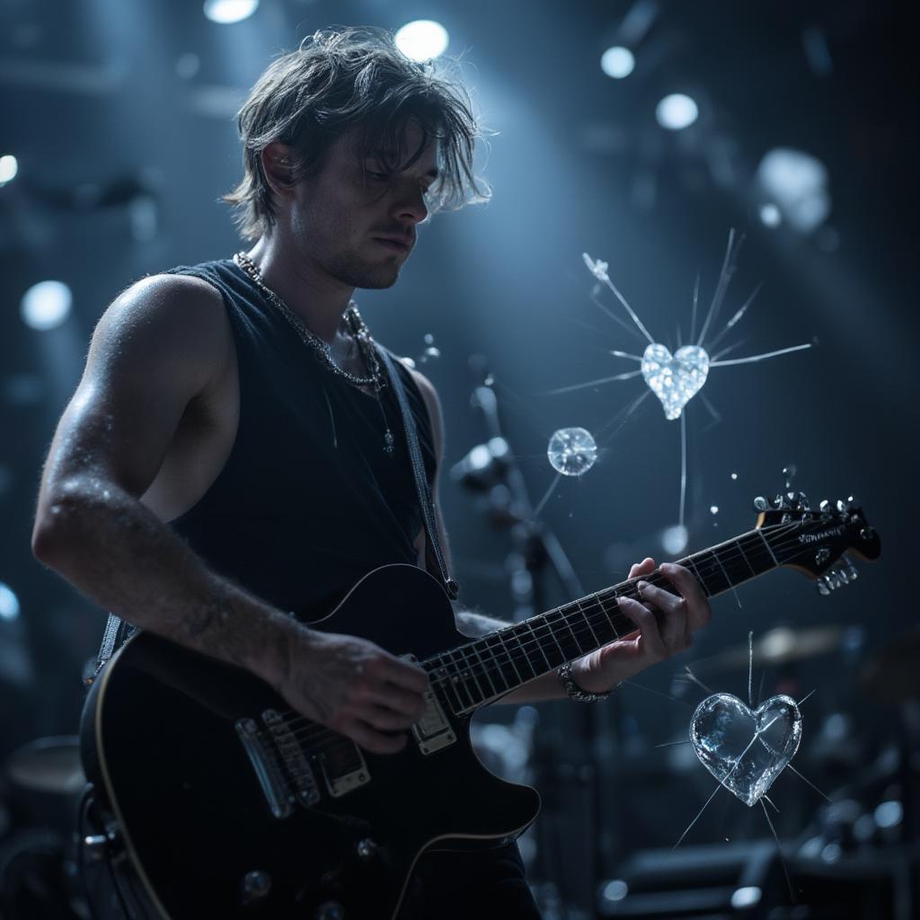 Musician playing guitar with broken heart effect