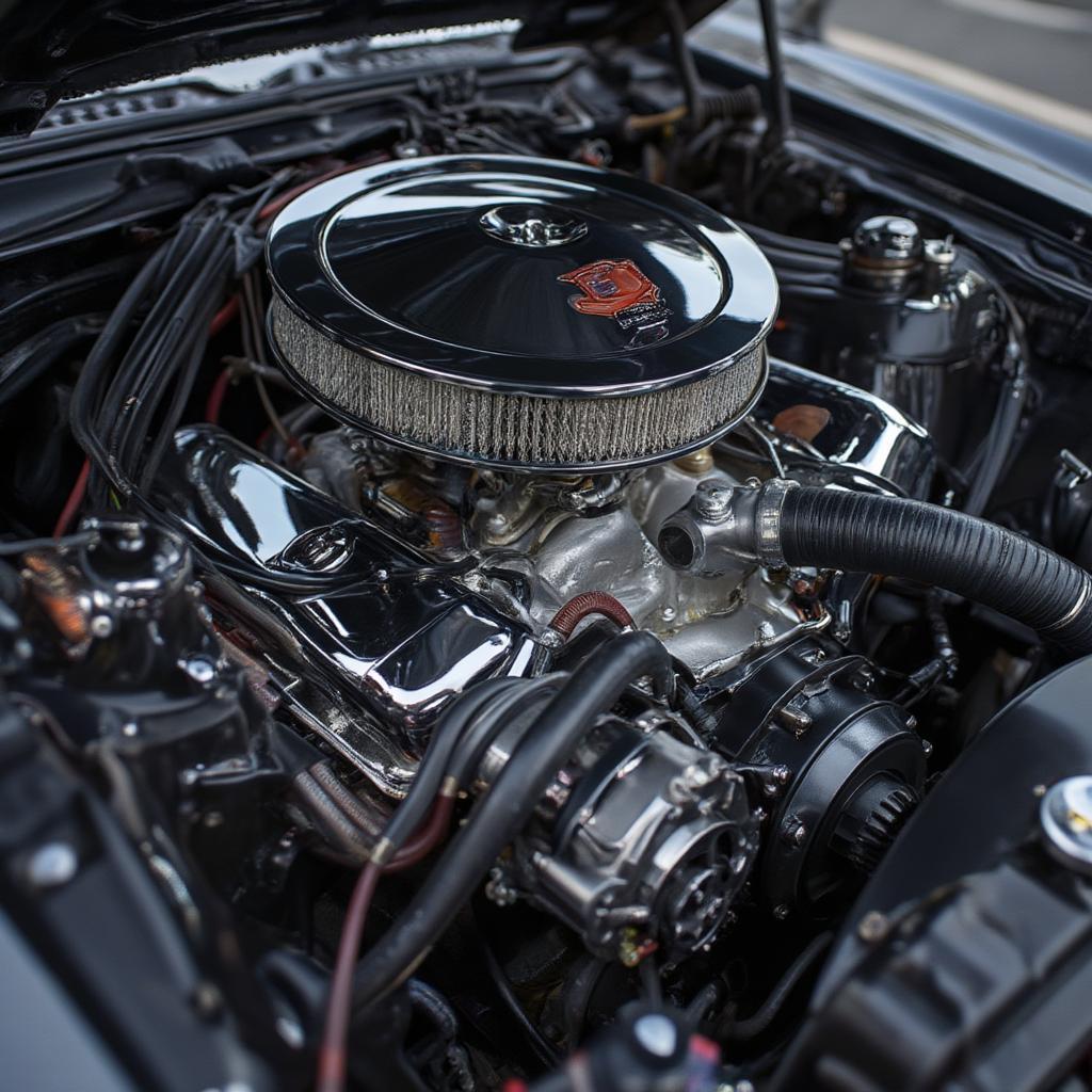 Closeup view of the engine bay of a 1967 Ford Mustang