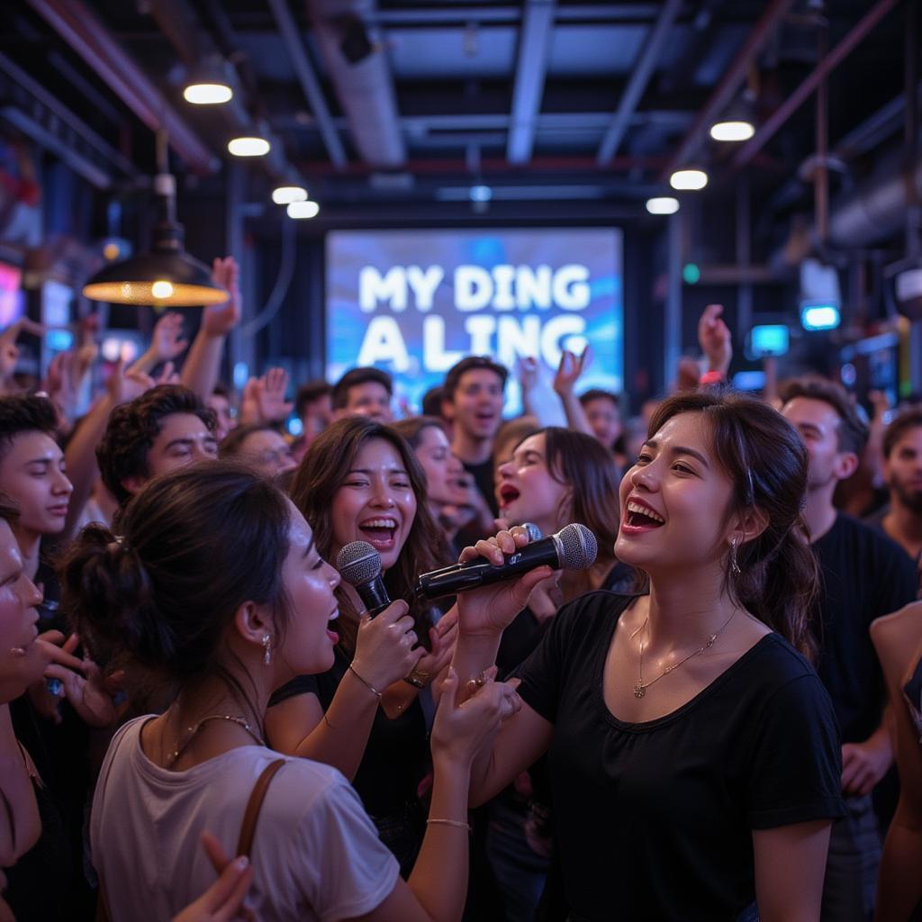 A lively karaoke crowd singing My Ding A Ling