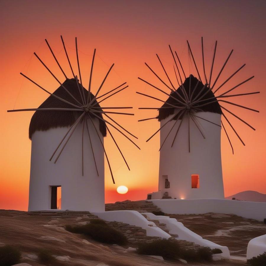 Mykonos windmills silhouetted against a vibrant sunset sky