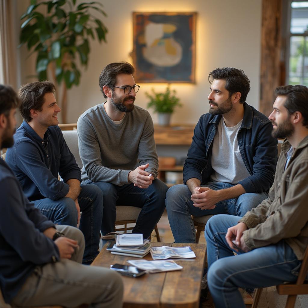 Men gathering in a support group during National Men's Mental Health Month